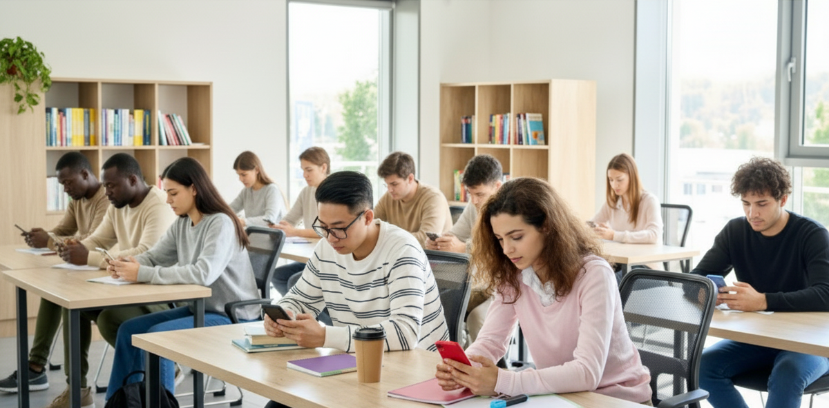 students glued to their phones
