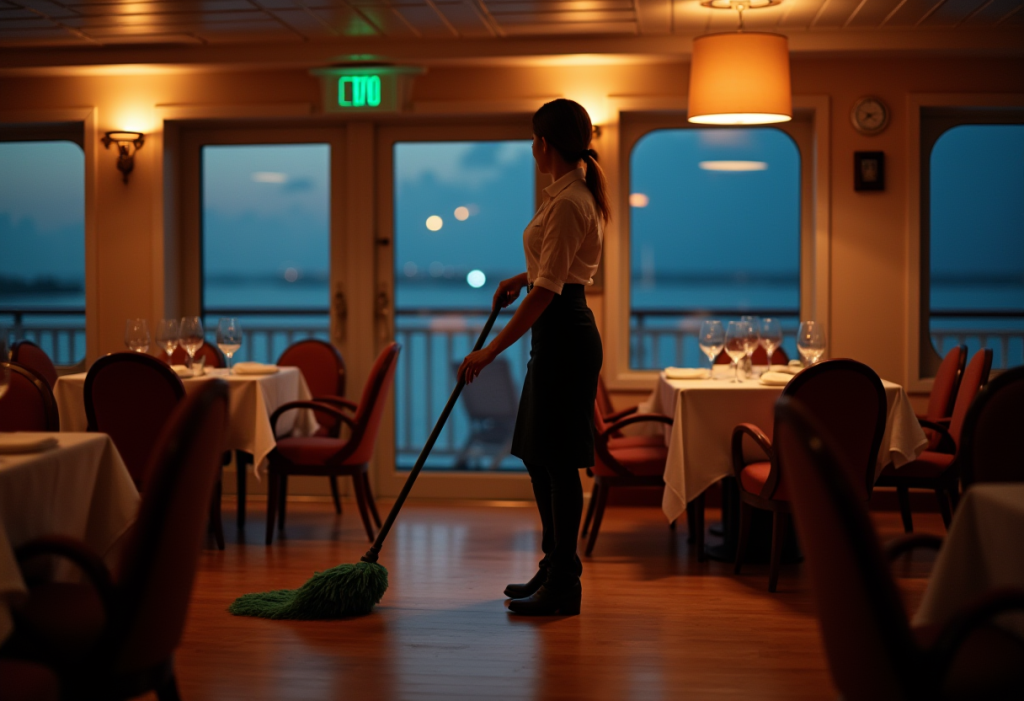 a petite Filipina cruise ship worker mops the floor in the early morning