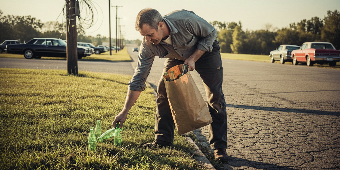 man collecting old soda bottles