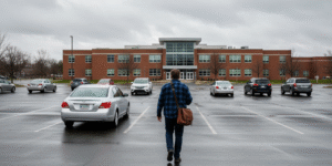 a teacher walking toward the school