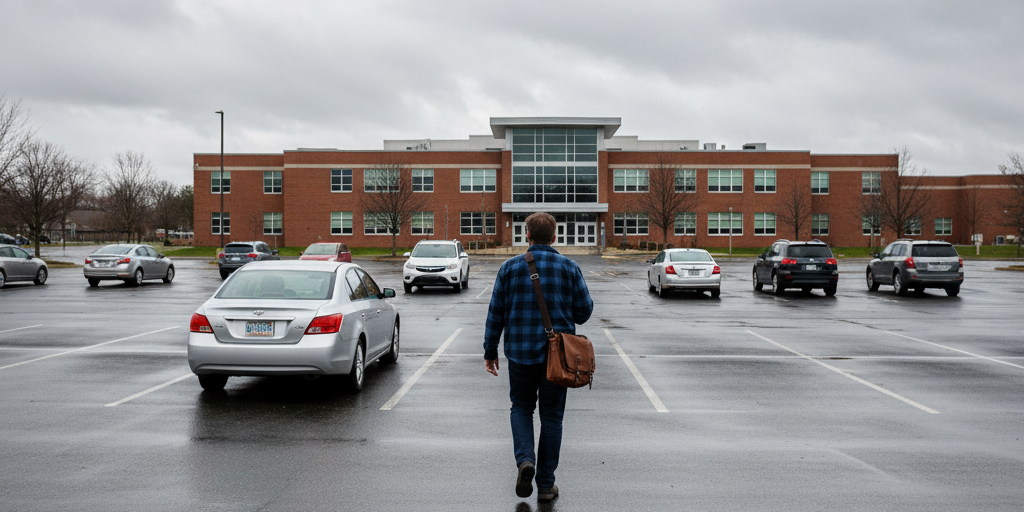 a teacher walking toward the school