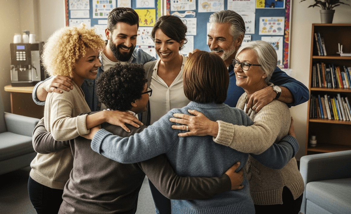 teachers hugging