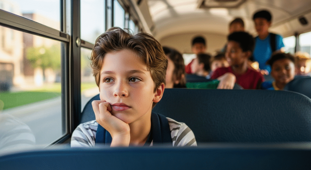 a boy on a school bus