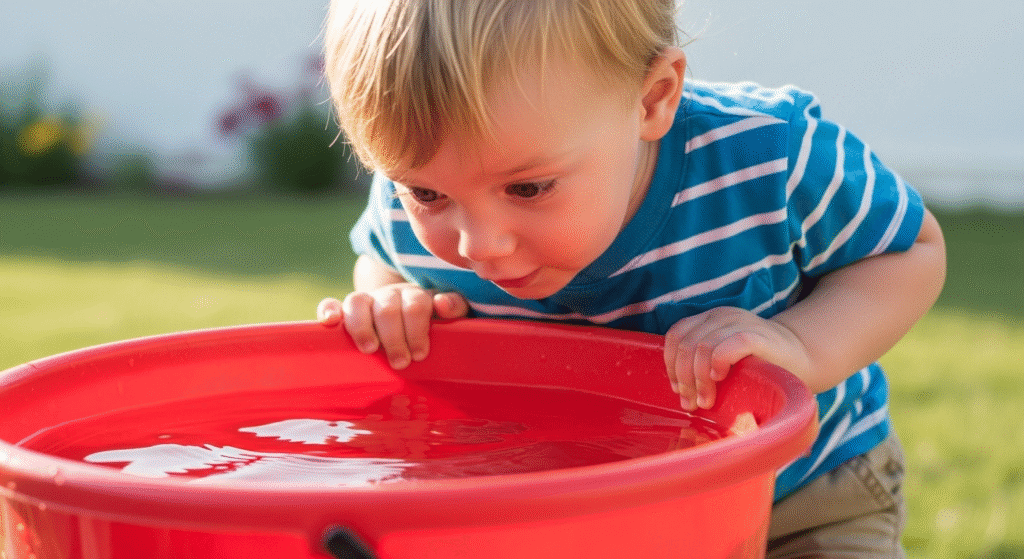 toddler near a bucket of water