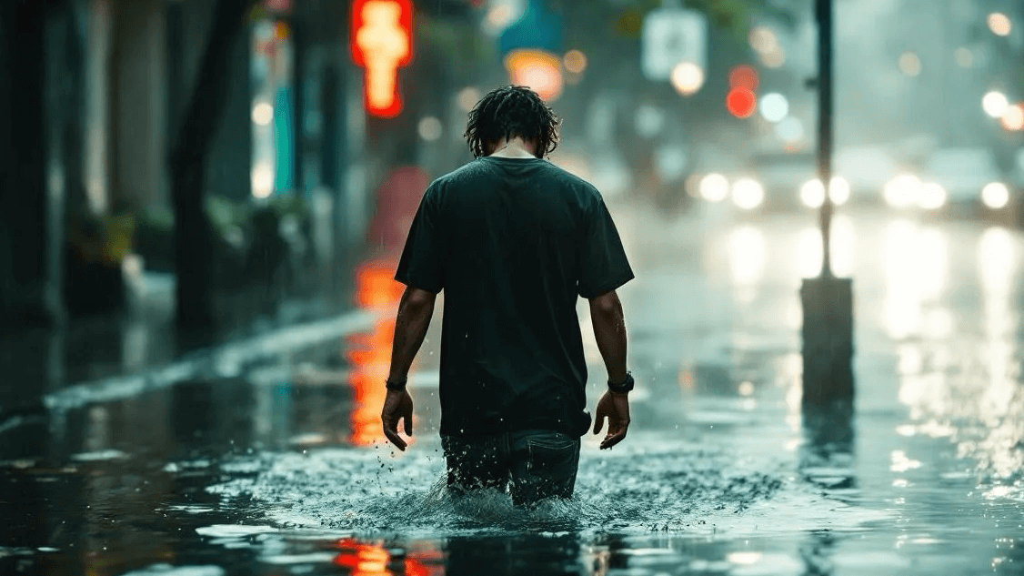 a sad walk through flooded streets