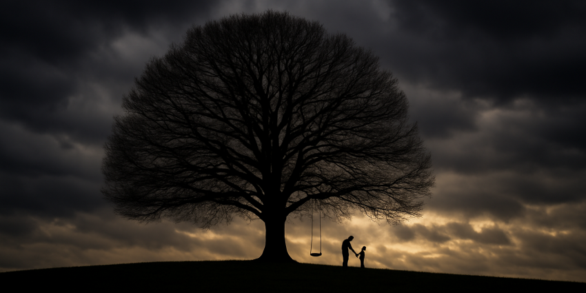 An oak tree at dusk